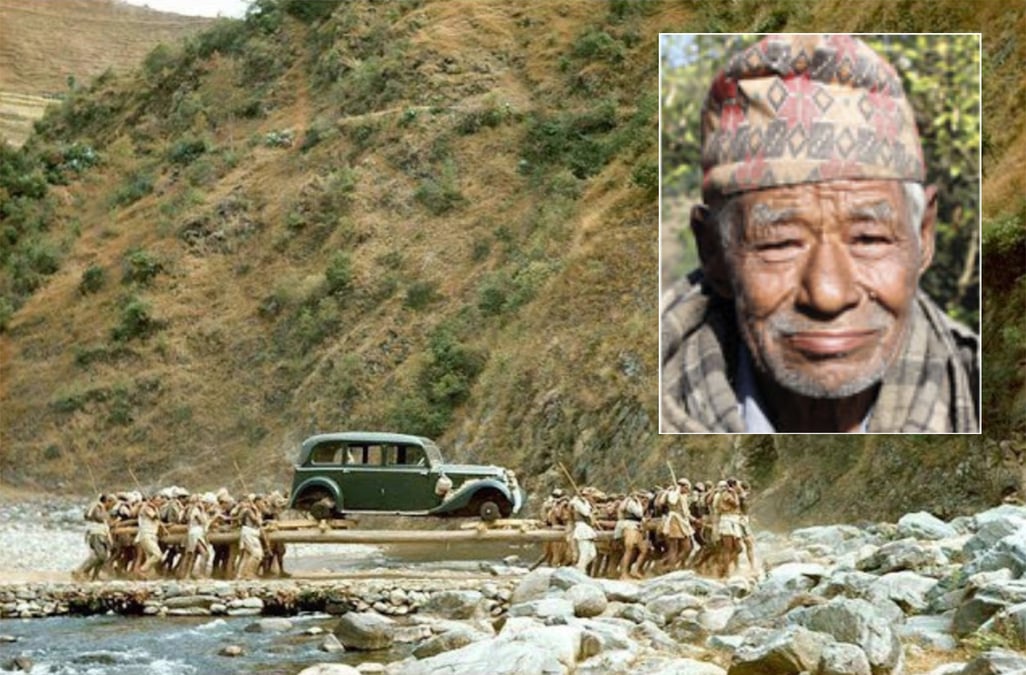Hira Bahadur Ghalan was the last living porter who carried the first cars for rulers in Kathmandu. Photo of car being carried: Volkmer Witzel / National Geographic. Photo of Ghalan: Chandra Kumar Hatuwali.