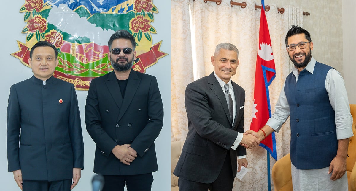 EAST AND WEST: Chinese Ambassador Zhang Maoming with PM Balendra Shah, and US Assistant Secretary of State for South and Central Asian Affairs Samir Paul Kapur with RSP chair Rabi Lamichhane. Photos: ZHANG MAOMING / X, Bureau of South and Central Asian Affairs / X