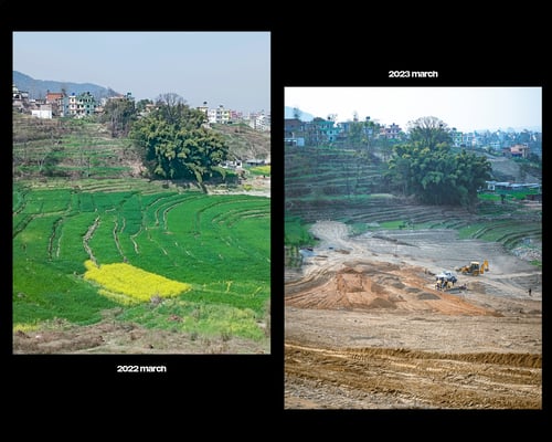 Pouring concrete on rice fields