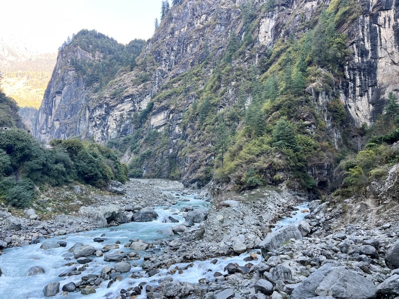 The Dona River flows through Manang's Dharapani village.